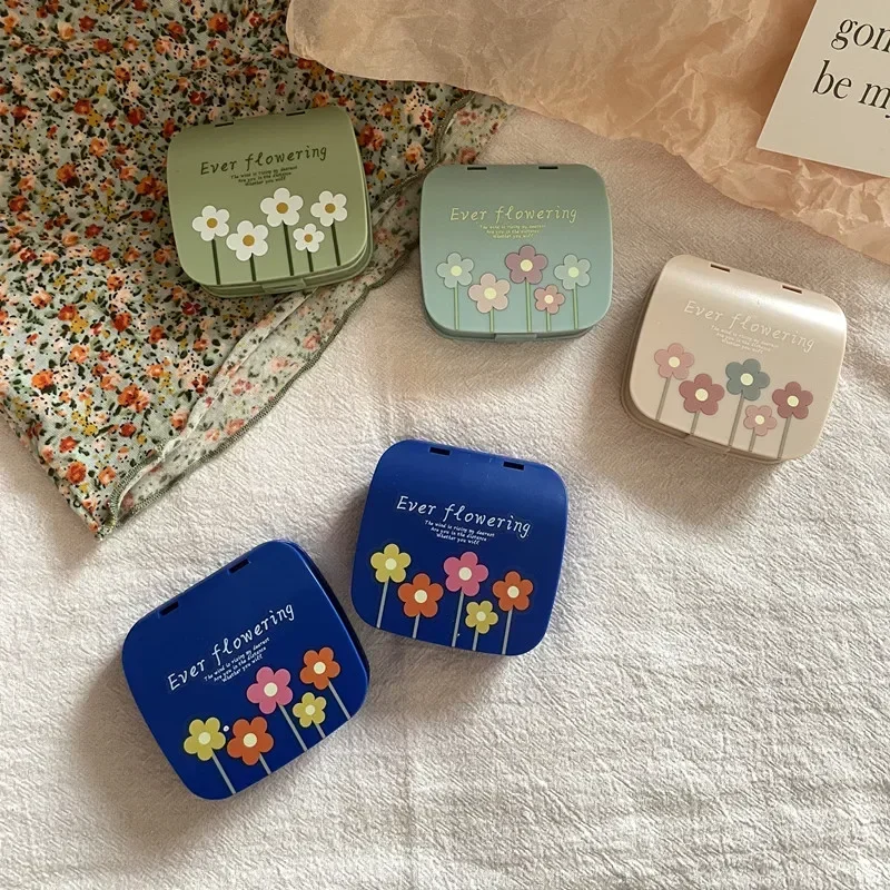 Ins Colored Flower Korean Women Contact Lens Case Portable Beauty Contact Lens Container Box with Mirror Tweezers Travel Box