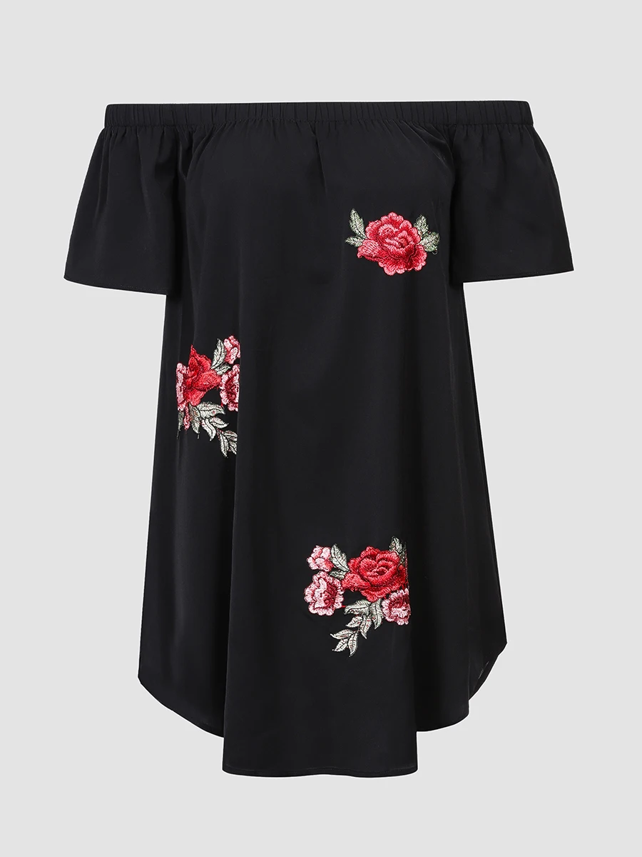 

Finjani Plus Size Women's Dresse Off Shoulder Floral Embroidery Solid Dress Short Sleeved Loose Fashion Dresses