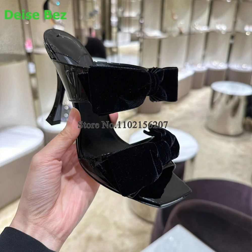 Satin Fabric Butterfly-knot Square Toe Slippers For Female Women 2023 New Thin High Heel Party Elegant Sexy Fashion Dress Shoes