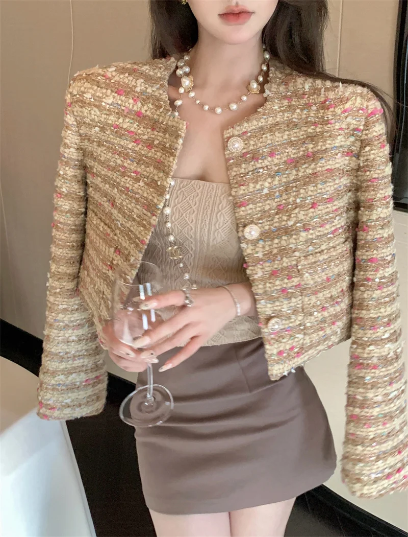 

Женское твидовое короткое пальто, яркое короткое пальто с длинным рукавом в Корейском стиле, куртка для улицы, Y2K, Осень-зима