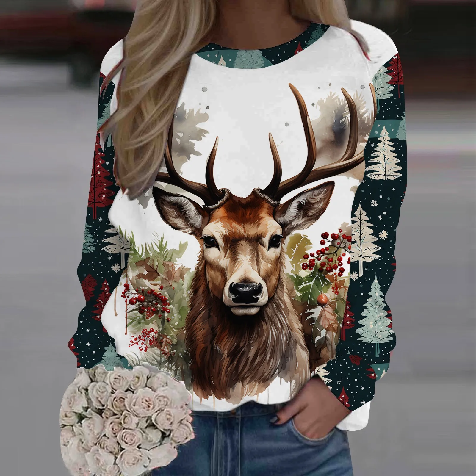 

Christmas Women's Sweatshirt 3D Reindeer Print Long Sleeve T-Shirt Streetwear Retro Pullover Casual O Neck Autumn Clothing