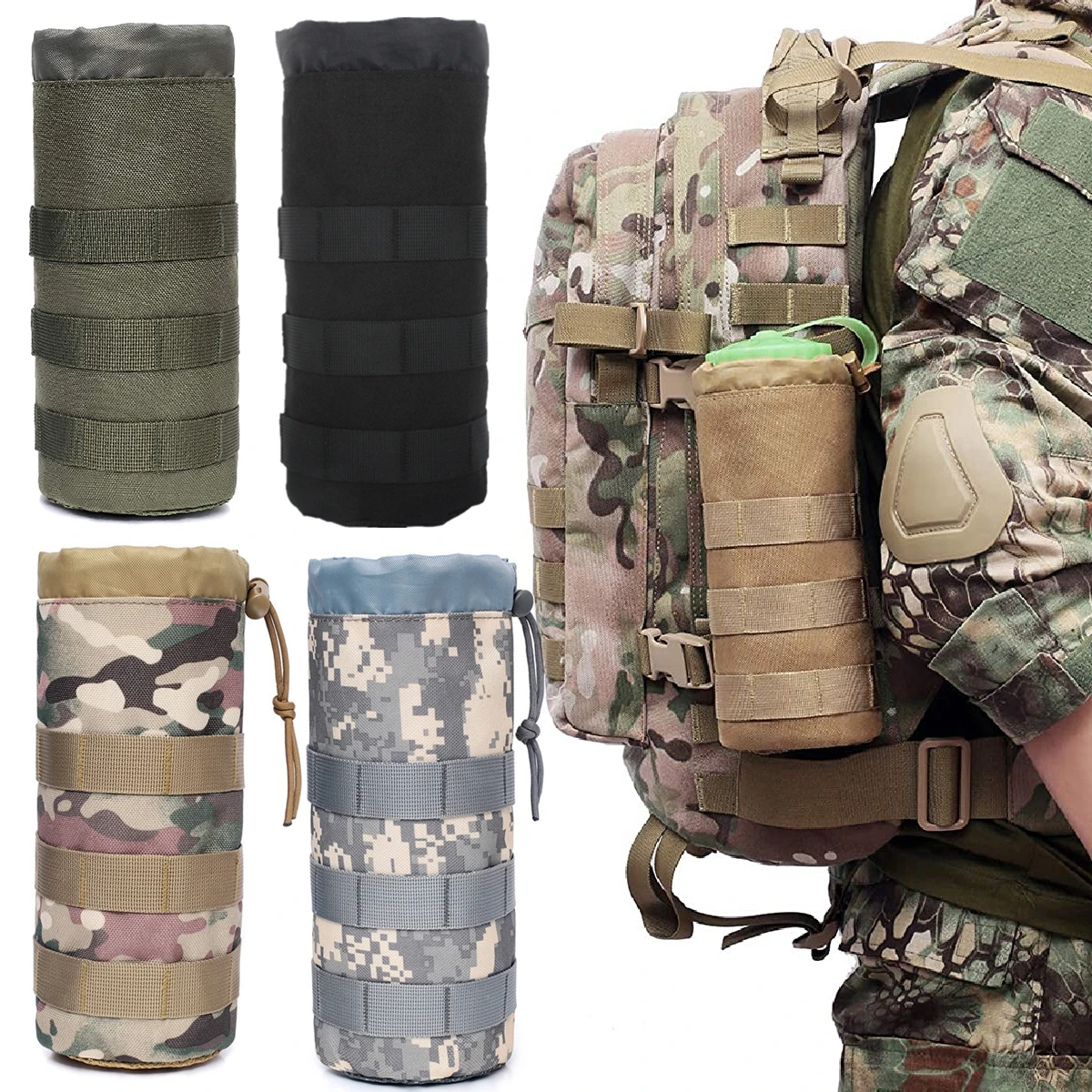 Multicam Modular MOLLE Hydration Carrier H2O Water Bottle Tactical Pouch W/ Stra 