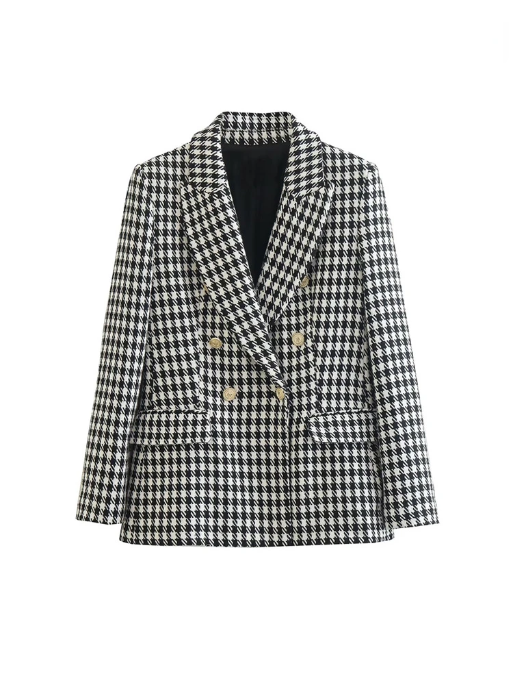 TRAF Women Fashion Double Breasted Houndstooth Blazer Coat Vintage Long Sleeve Flap Pockets Female Outerwear Chic Vestes Suit