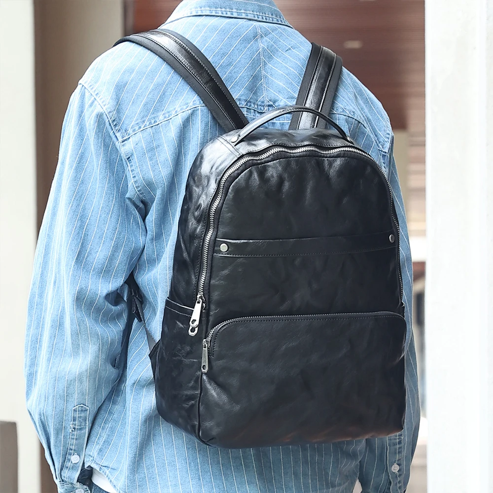 Genuine leather business trendy brand backpack for men's 15.6-inch computer bag cowhide outdoor leisure travel male backpack