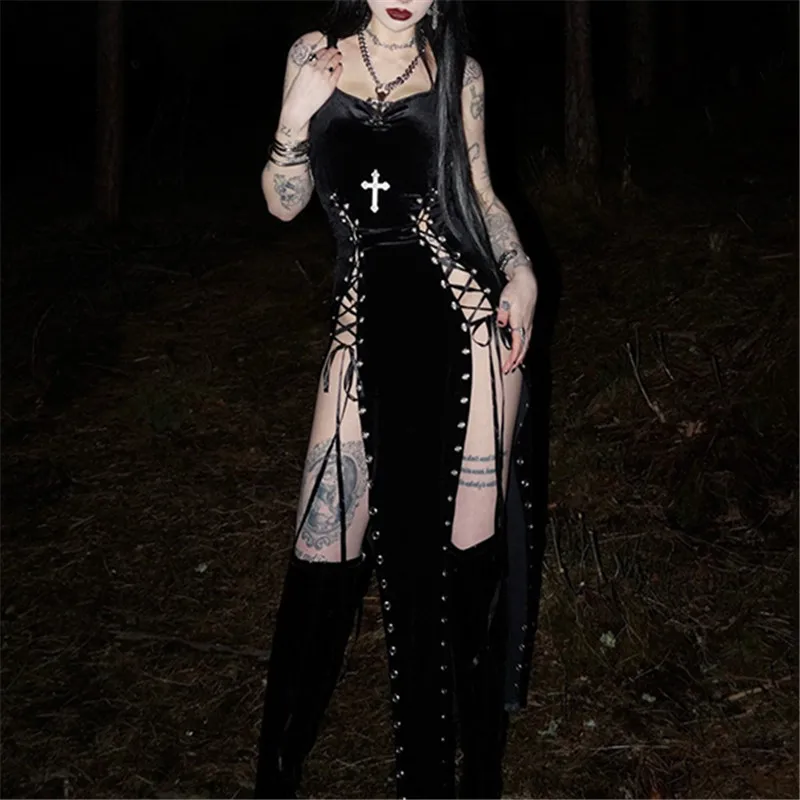 Vampire Dress Gothic Dark Punk Grunge High Split Hem Straps Dess 90s  Streetwear Gown Women Sexy Bandage Velvet Dresses Clothing - AliExpress  200000532