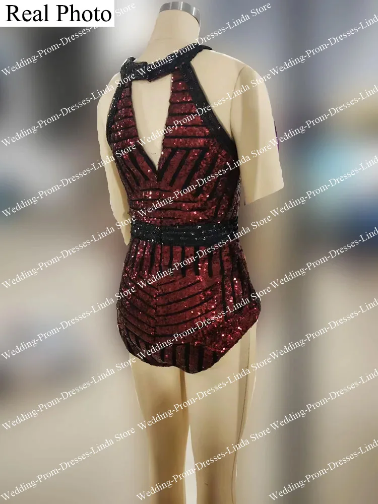 Short Jumpsuit Cocktail Dresses for Women Sequins Sleeveless Above Knee Mermaid Prom Party Gala