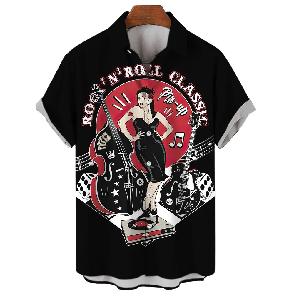 남성용 락 뮤직 뷰티 프린트 셔츠, 기타 색소폰 악기, 캐주얼 반팔 셔츠, 가디건, 남성용 상의