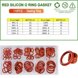 Premium Silicone Rubber O-Ring Seal Kit - High Temperature & Oil Resistant Gaskets for Plumbing and Pressure Washer Applications (Red 110Pcs Mixed)