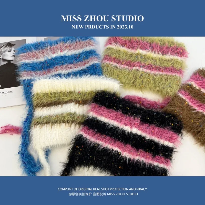Cat Ear Contrast Stripe Handmade Crochet Plush Hat Children's Cute Ear Protection Warm Imitation Mink Wool Cap in Winter