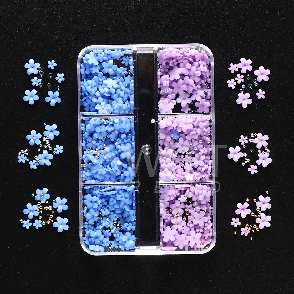 6 Grids Nail Art Decoration Pink White Acrylic Flower Charms with Beads Gem Rhinestone Jewely DIY Parts for Accessories Tools