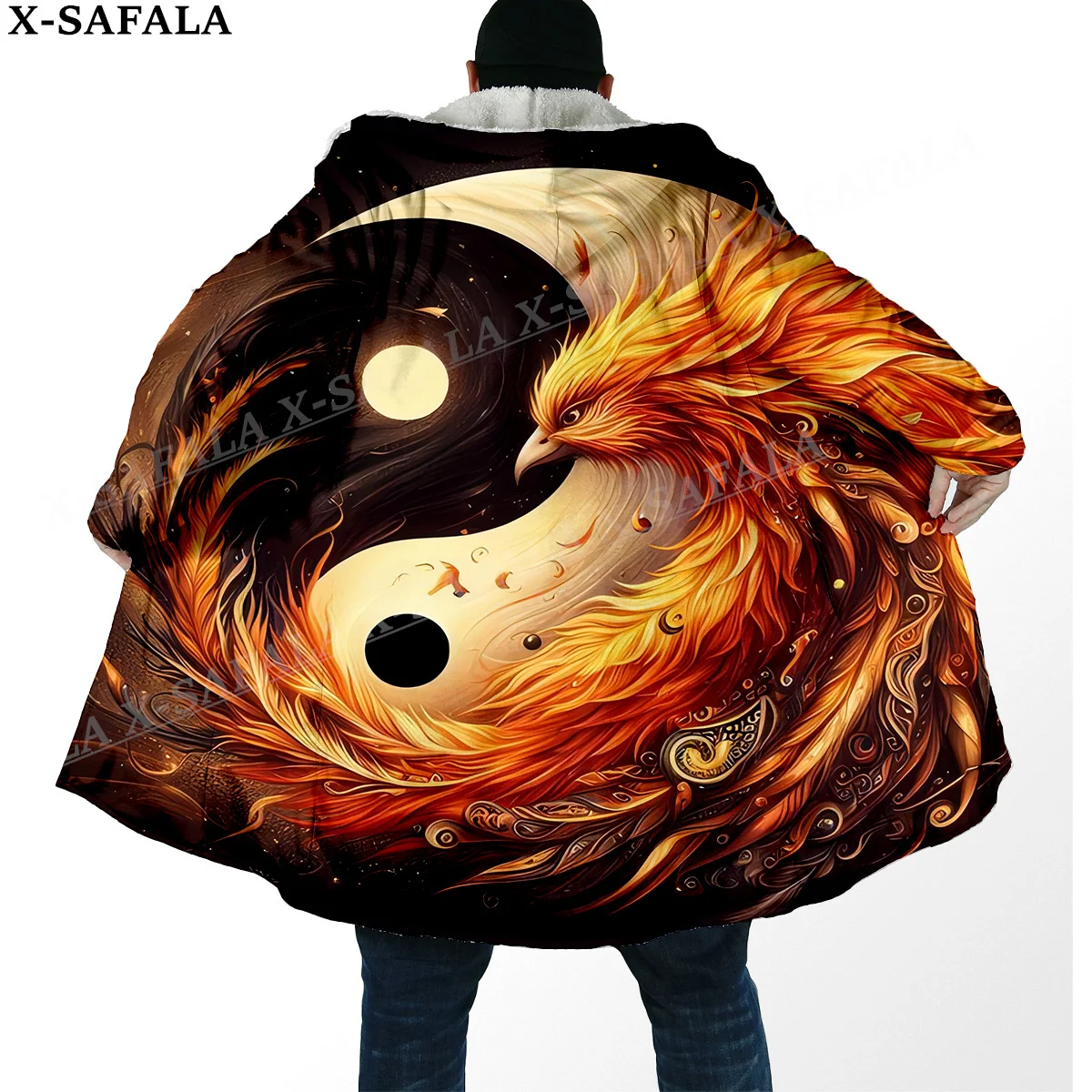 Mythical Phoenix Myth Fire Phoenix Print Thick Warm Hooded Cloak Men Overcoat Coat Windproof Fleece Cape Robe Hooded Blanket-8
