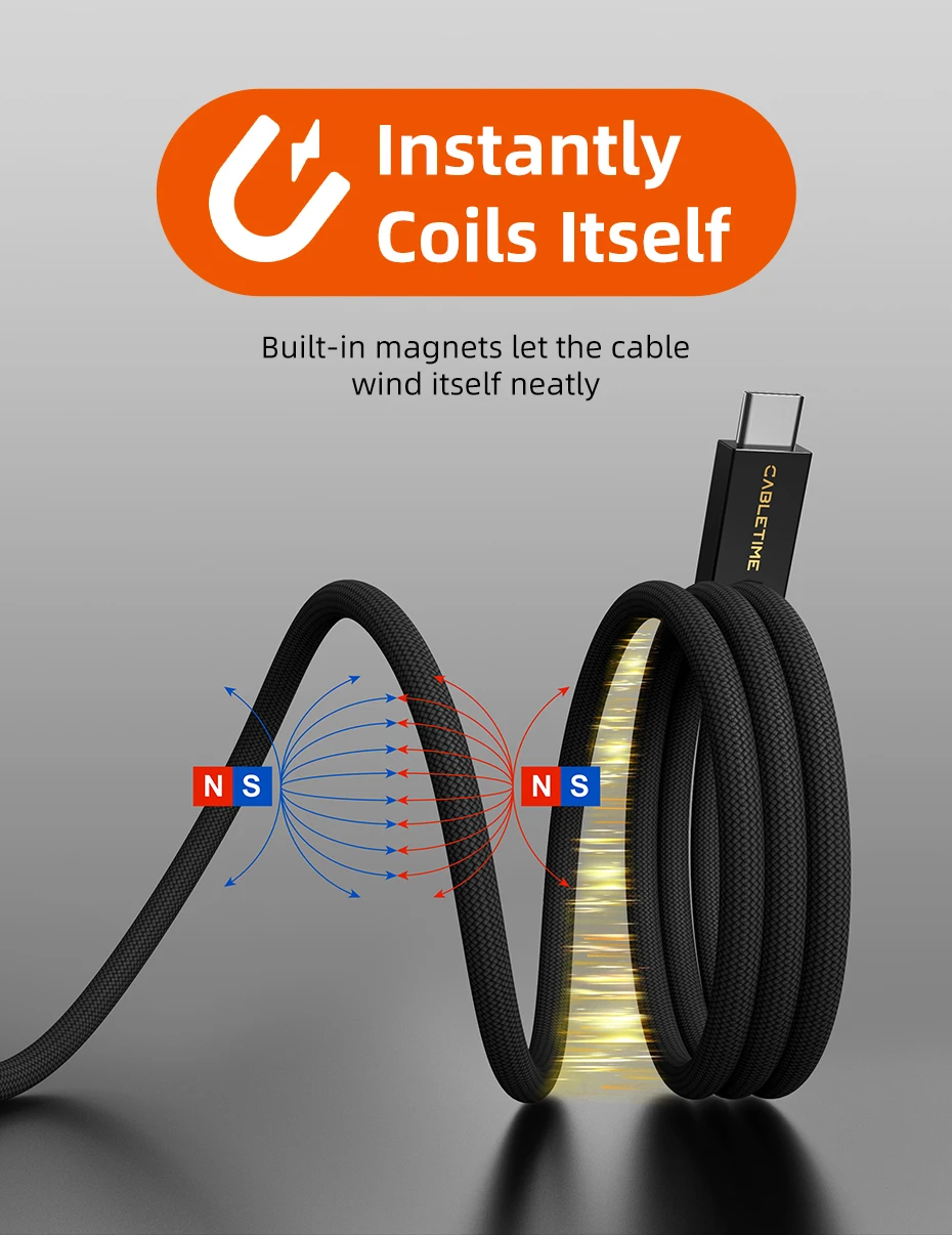 CABLETIME Magnetisches USB4-Kabel 240 W 80 Gbit/s 8K USB C auf USB C-Kabel Schnellladekabel für Thunderbolt 4/5 für iPhone iPad Laptop – Detail 3