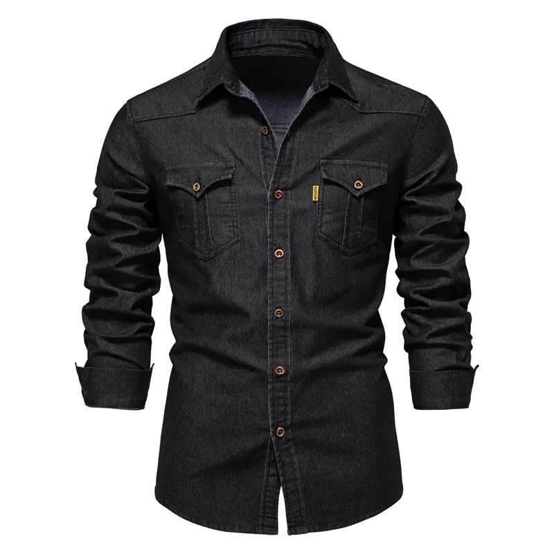 FANWEILIN Elastic Denim Button Up Shirt Long Sleeve Cowboy Black Shirts