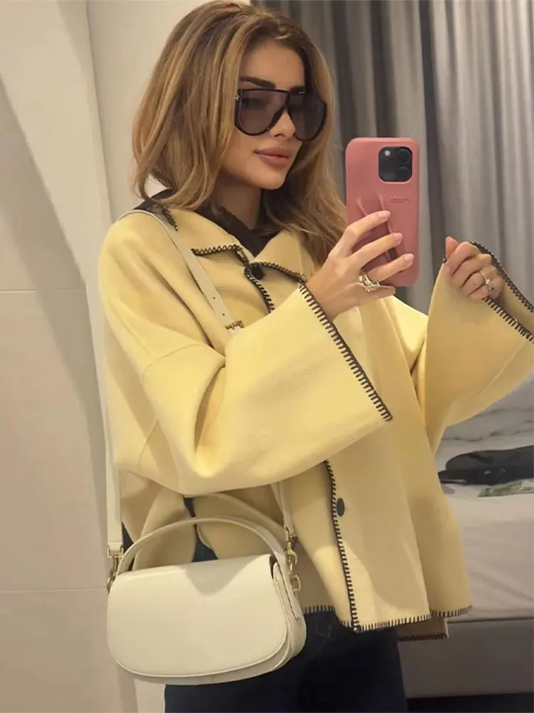 HH Women Fashion Contrast Faux Woolen Coats Turtleneck Long Sleeve Single Breasted Oversizes Loose Jackets Woman Chic Outwears