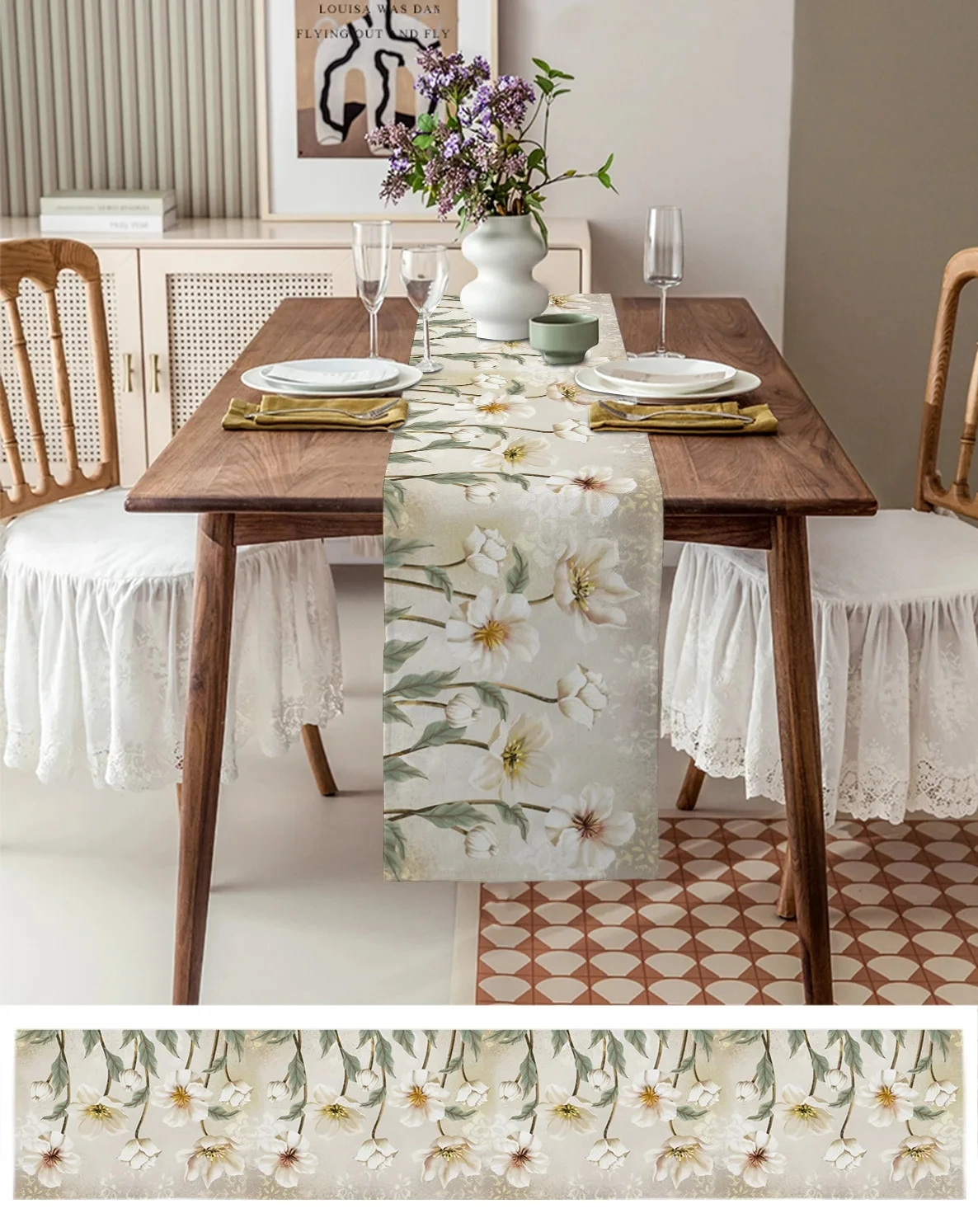 Spring Floral Table Runner - Wildflowers Butterfly Design | 13x72 Inch Farmhouse Kitchen Decor