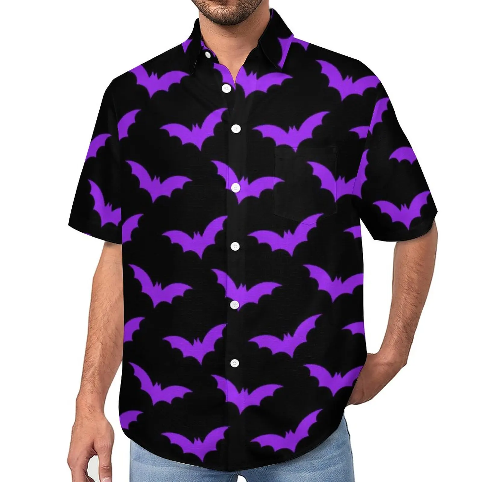 

Purple Bat Print Casual Shirt Halloween Pattern Vacation Loose Shirt Hawaiian Street Style Blouses Short Sleeve Oversized Tops