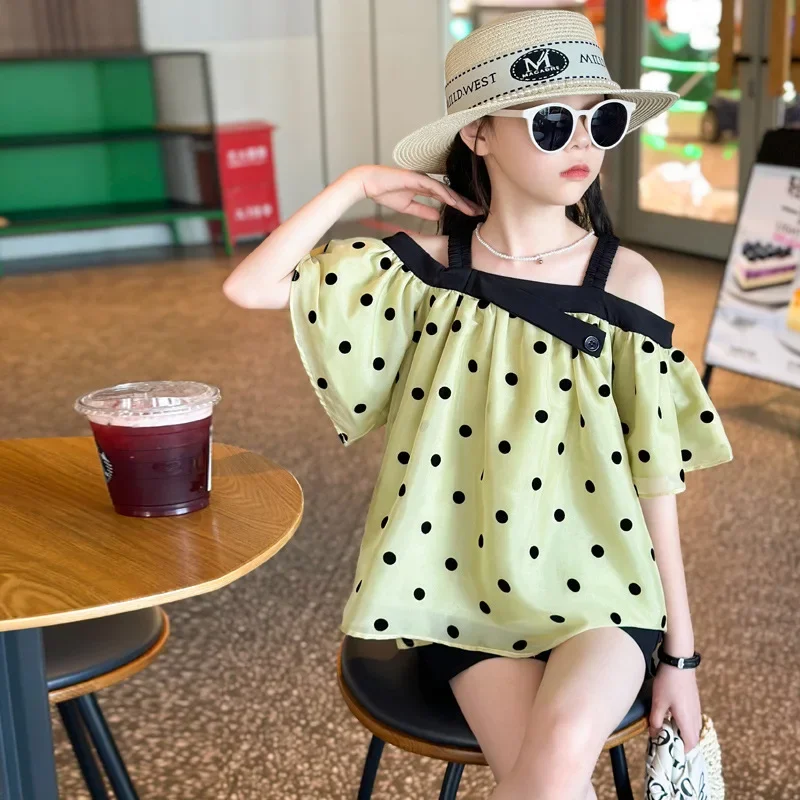 Girls Clothing Sets Summer Fashion Polka Dot Chiffon Tops and Shorts Suit Kids Clothes Set Children Off shoulder Girls Outfits