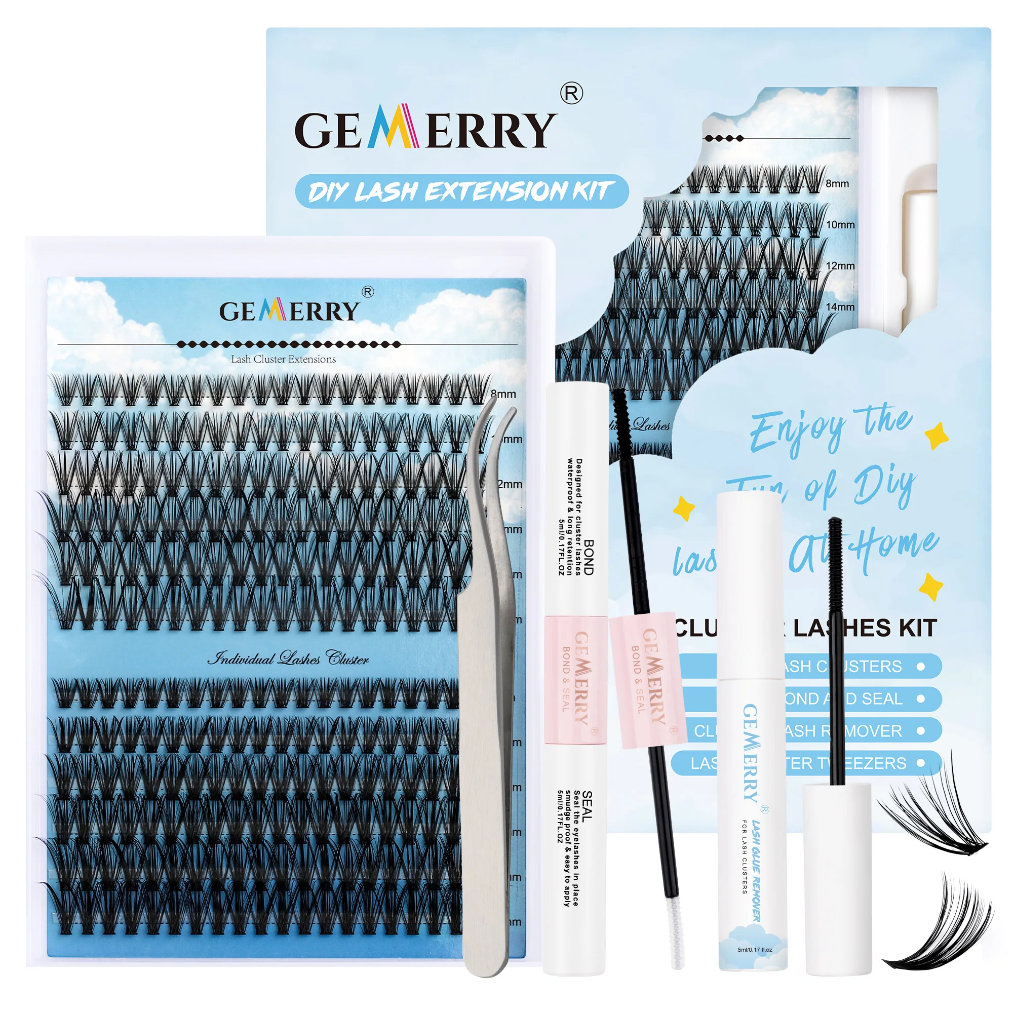 Gemerry 40P/50P DIY Lashes Extension Kit With 240 PCS Lash Clusters Lash Bond And Seal Lash Glue Remover And Lash Tweezers