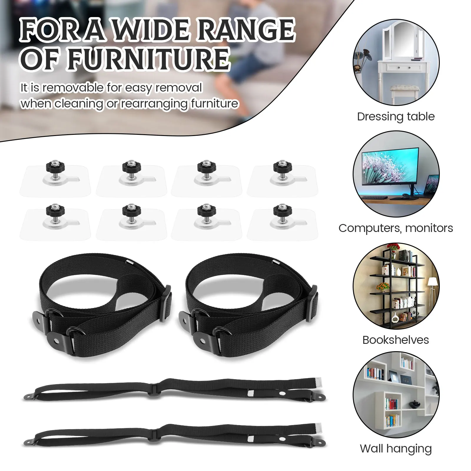 8PCS/4PCS Adjustable 5-35inch TV Safety Straps No-Drill Adhesive Anti-Tip Furniture Wall Anchors for Baby Proofing Cabinet Stand