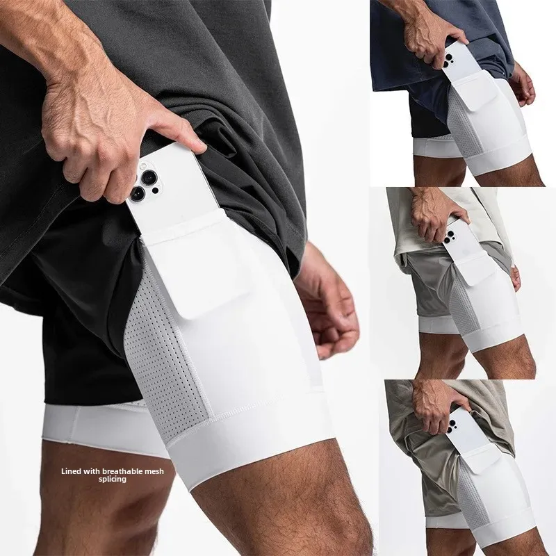 Men's Sporty Casual Basketball Shorts Double Layer Quick Dry Sweat Wicking Marathon Fitness Running Long Pants Skateboarding