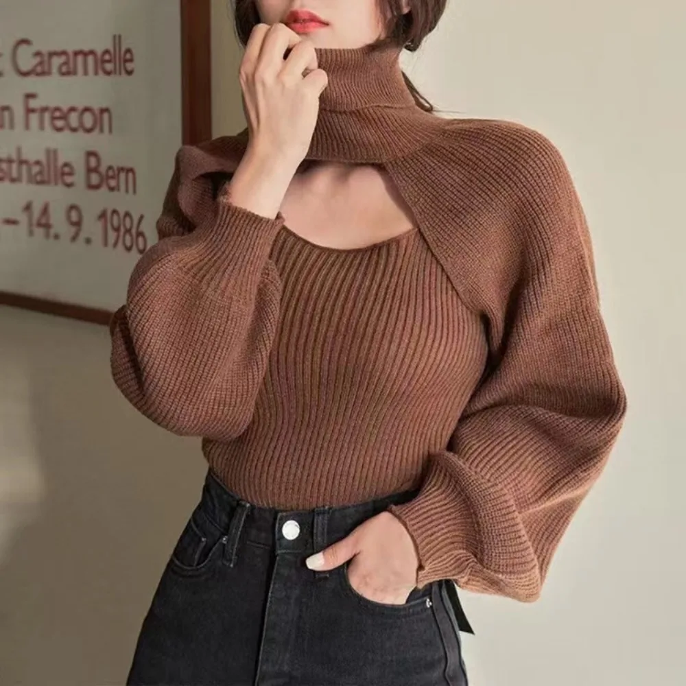 

High Neck Sweater Autumn and Winter New Western Style Loose Fitting High Neck Solid Color Spicy Girl Knitted Vest Two-piece Set