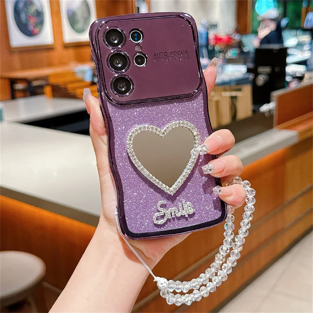 Love Heart Makeup Mirror Shiny Case with Crystal Wrist Chain Cover