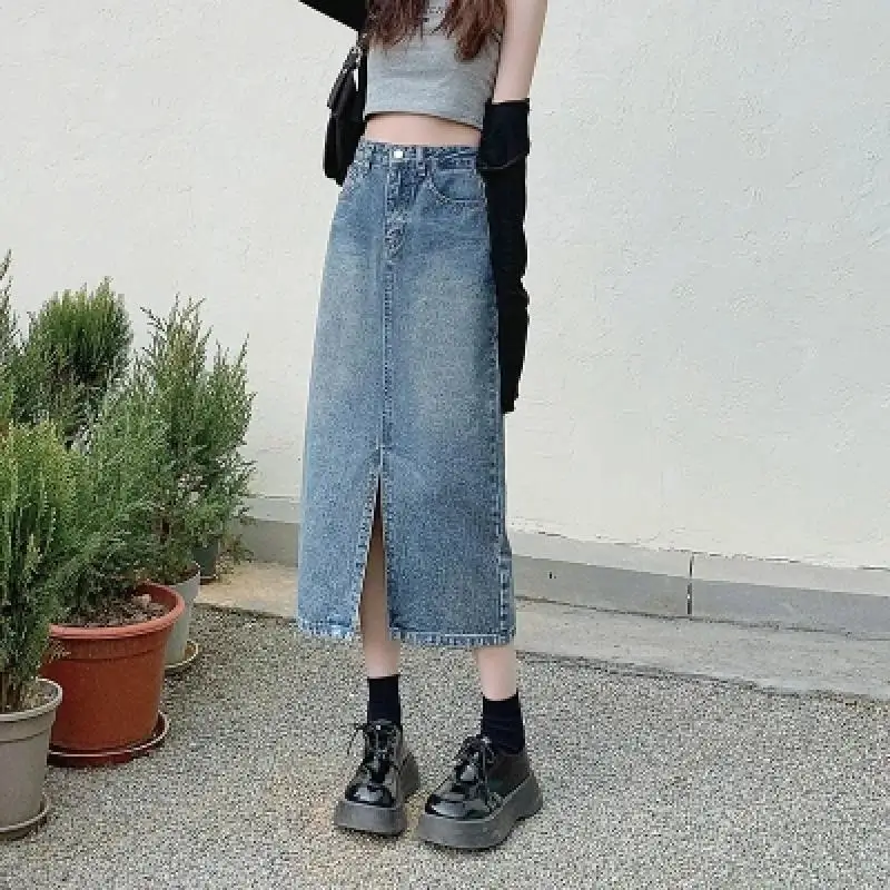 Retro High Waisted Split A-Line Denim Skirt Fashion Straight Skirt Female Summer Women's Denim Wrap Skirts 2024 retro dirty pink ruffled jeans for women s summer new drape feeling slimming straight leg wide leg pants for women s jeans