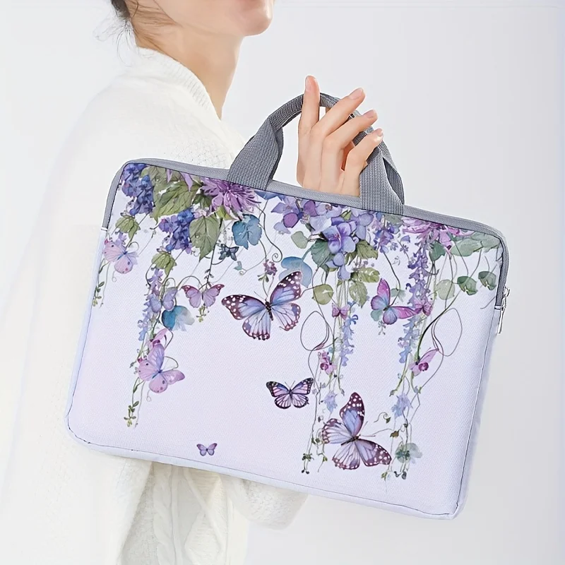 One piece set, two styles, purple butterfly pattern laptop bag and briefcase, suitable for 14 inch laptops