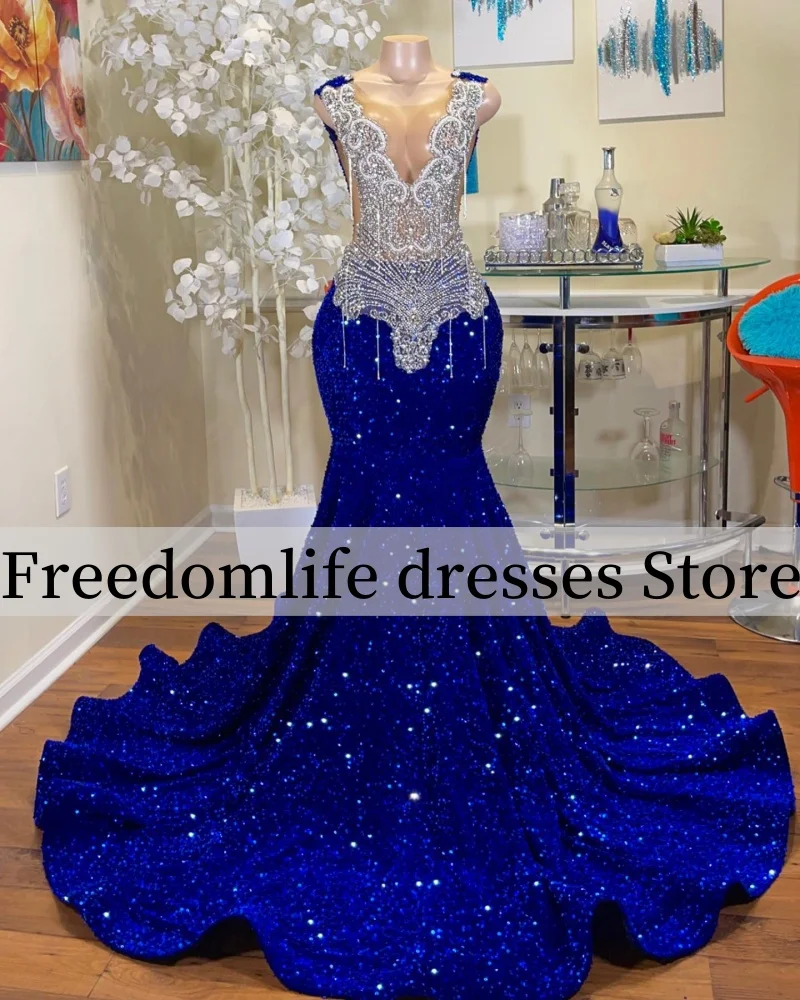 

Elegant Royal Blue Prom Dress For Black Girls 2024 Glitter Sequins Rhinestones Vestidos De Fiesta Long Birthday Party Dress