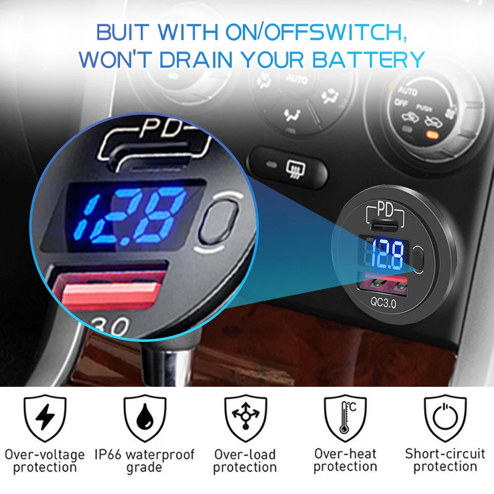 전압 차량용 USB 충전기 QC3.0 PD C타입 USB, 스위치 소켓 포함, 차량 보트 오토바이 SUV 버스 트럭, 12V, 24V