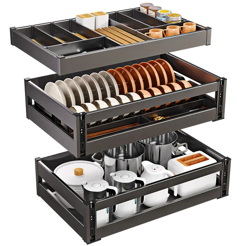 Aluminum Alloy Dishes Basket Kitchen Cabinet Drawer Type Double Layer Three Layer Bowl Basket Bowl Rack Kitchen Cabinet Dish 5