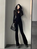 WOMENGAGA Fashion Black Velvet Slim Hooded Zipper Long Sleeve Flare Pants Jumpsuit Rompers Korean Sexy Hot Tops 2022 9P64 - Image 3