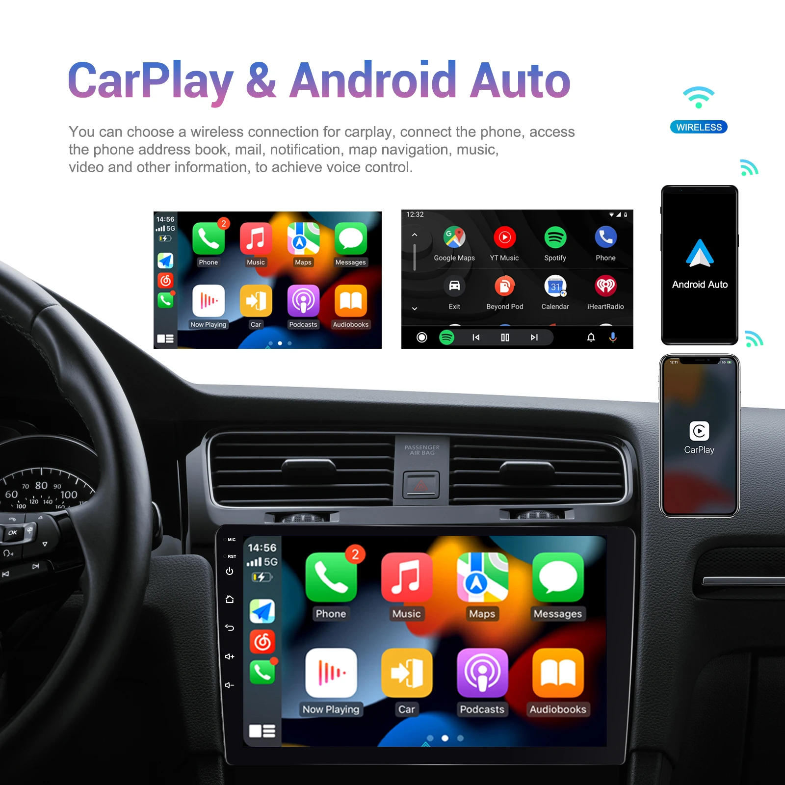 Radio para Auto Podofo 4+64G 7''/9''/10.1'' Reproductor Multimedia Universal Carplay Android Auto WIFI GPS Navegación 4 Núcleos FM RDS EQ USB 3