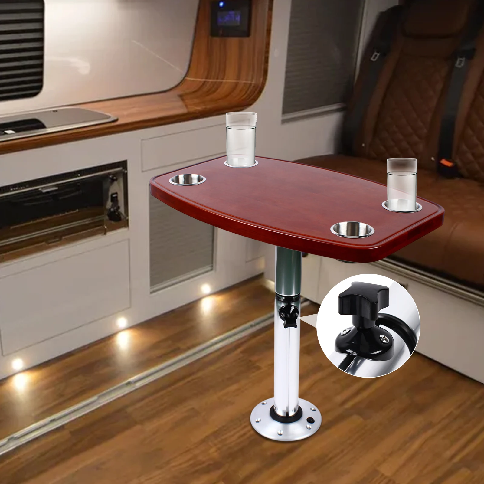 22-28inch/600x380mm RV Boat Top Removable Marine Caravan Table Pedestal elm Table Top Base w/ 4 Cup Holder