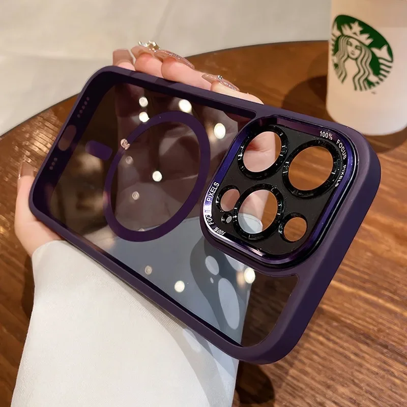Luxury Magnetic Metal Lens Bumper Protection Case with Magsafe Acrylic Translucent Cover