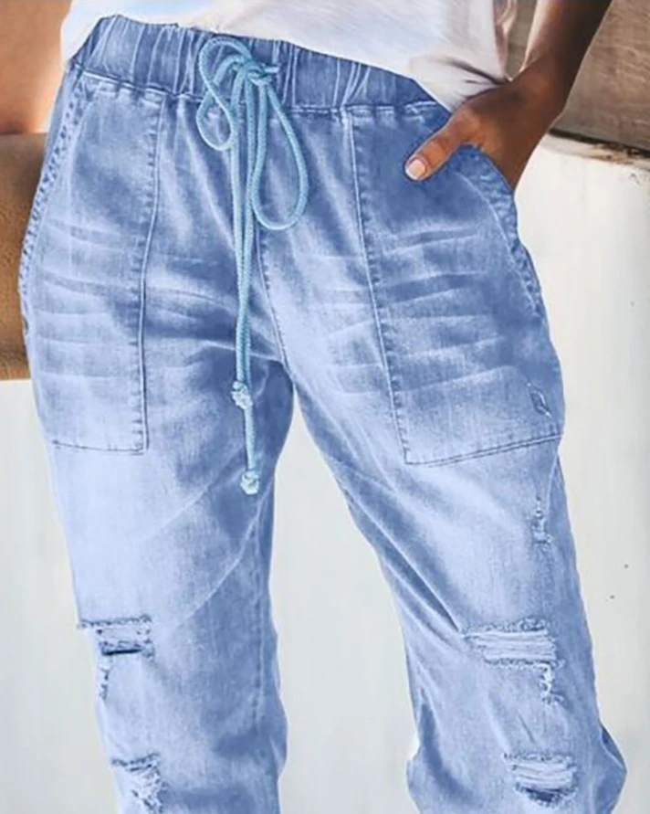 Women's Short Jeans 2024 Spring/Summer New Drawstring Split Pocket Design Harlan Long Pants with Holes Short Jeans