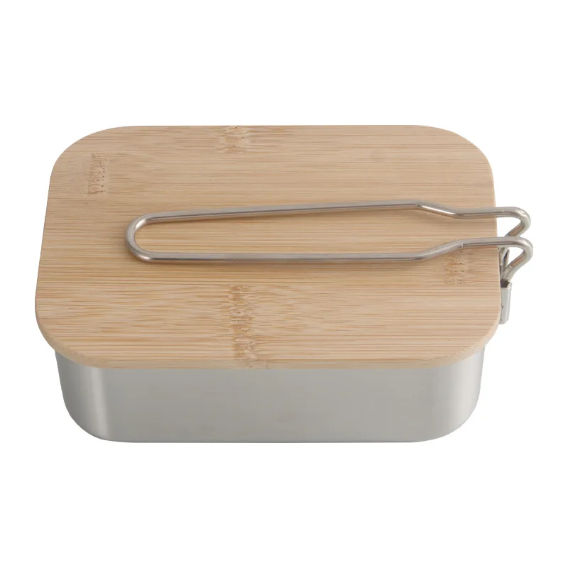 

304 Stainless Steel Lunch Box With Wood Lid Outdoor Camping Travel Food Storage Containers Japanese Kids Lunchbox with BBQ Rack