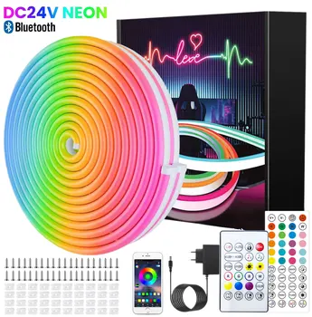 Bluetooth Rgb Neon Led Strip Light 15Meter 5M 10M 20M 30M 24V 24Key 44Key Remote App Control Flexible Waterproof Neon Rope Light