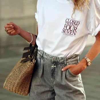 Closed Twenty Four Seven International Letters Printing Women Slogan T Shirts White Loose Cotton Summer Short Sleeve Casual Tees 1