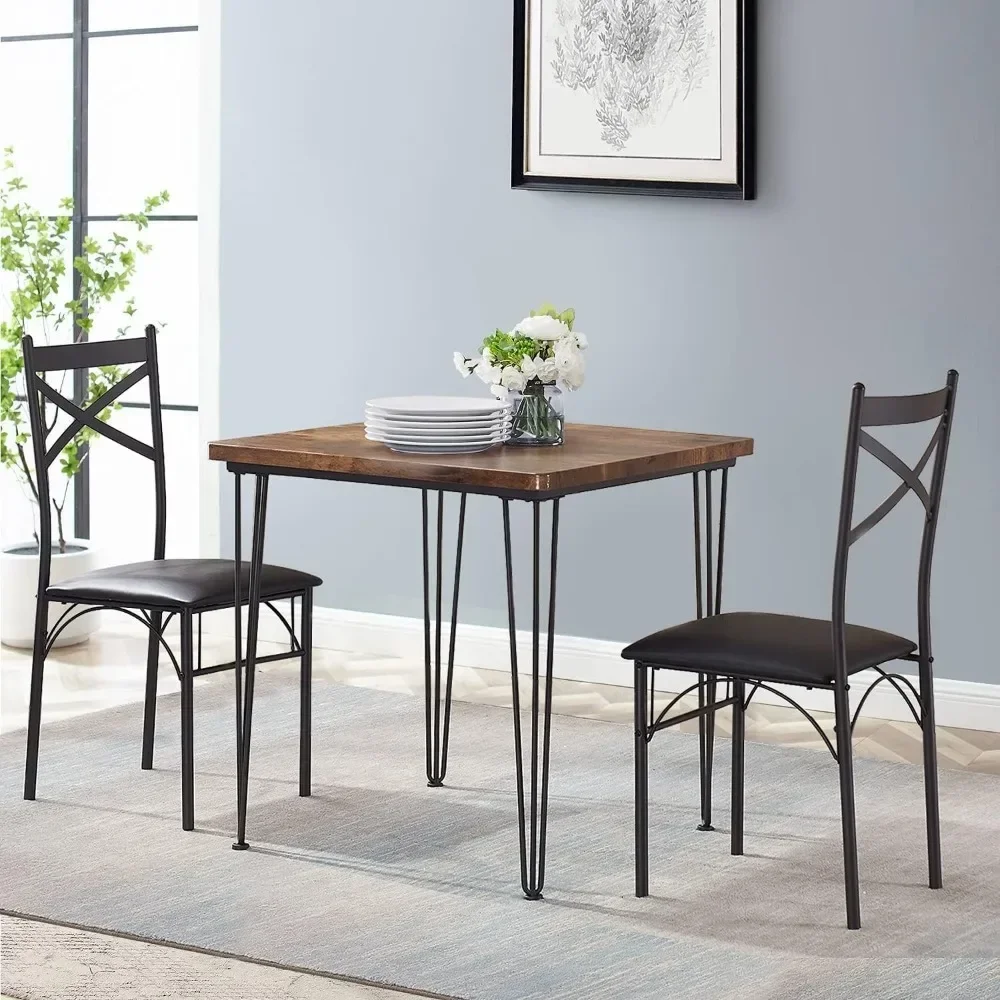 Modern Industrial Style 3-Piece Room Kitchen Pu Cushion Chair Sets for Small Space, Dining Table for 2, Retro Brown