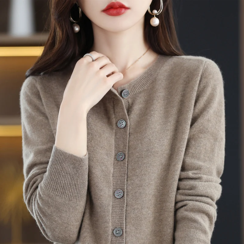 

Women's Cardigan O-neck Spring And Autumn Knitting Cashmere Cardigan Solid Color Single Breasted Women's Sweater 100% Wool