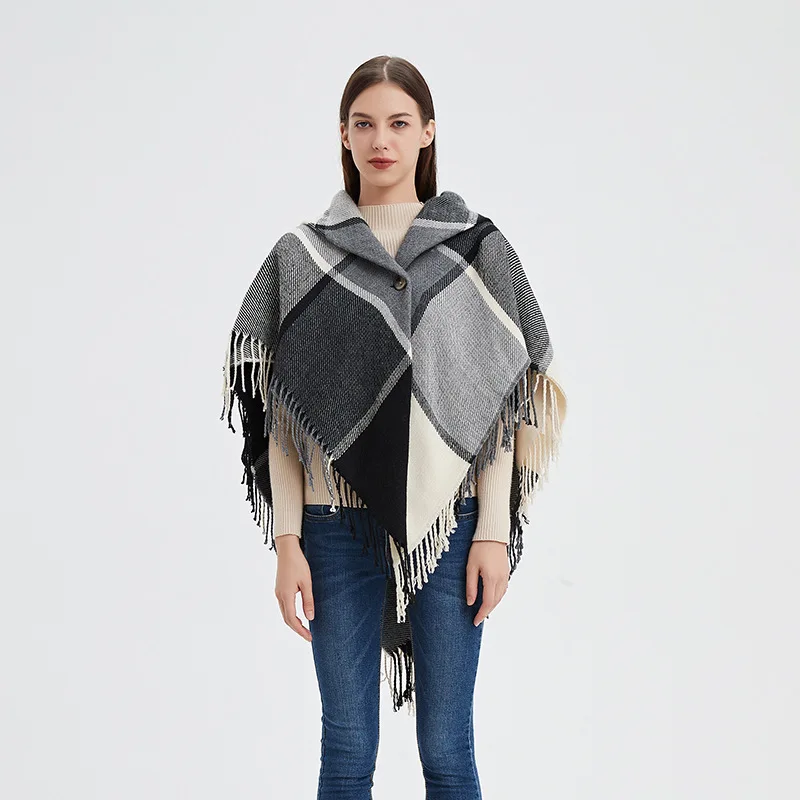 

new Autumn Winter Women's Shawl Coarse Tassel Loop Yarn Warm Capes Lady Ponchos Loose Coat Cloak Black