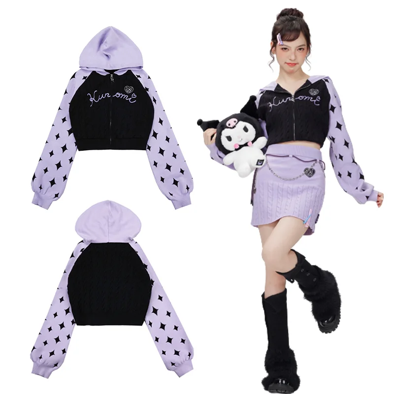 

Kawaii Sanrio Baseball Jacket Sweet Cool Zipper Anime Kuromi Cinnamoroll Casual Girls JK Long-sleeved Knitted Short Top