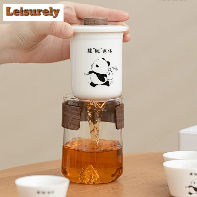 Cute Panda Mutton Fat Jade Travel Tea Set Kit Japanese 1 Pot 4 Cups Tea Maker Organizer Portable Camping Tote Bag Accessories