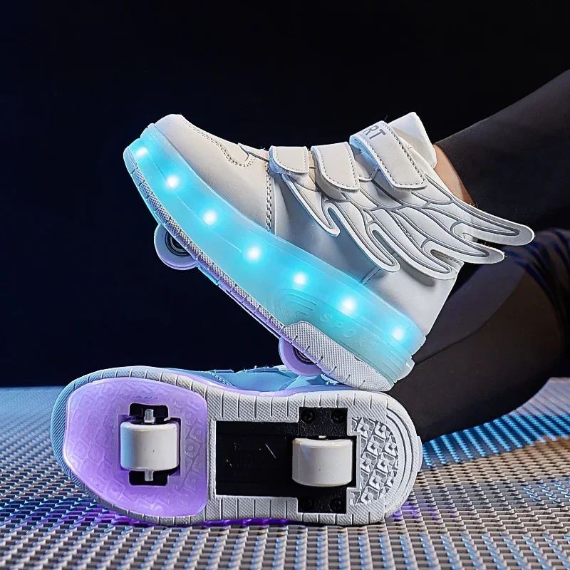 Children Roller Skate Casual Sport Shoes Girls Boys LED Charging Luminous Wings Shoes USB Colorful Light Two Wheels roller skates