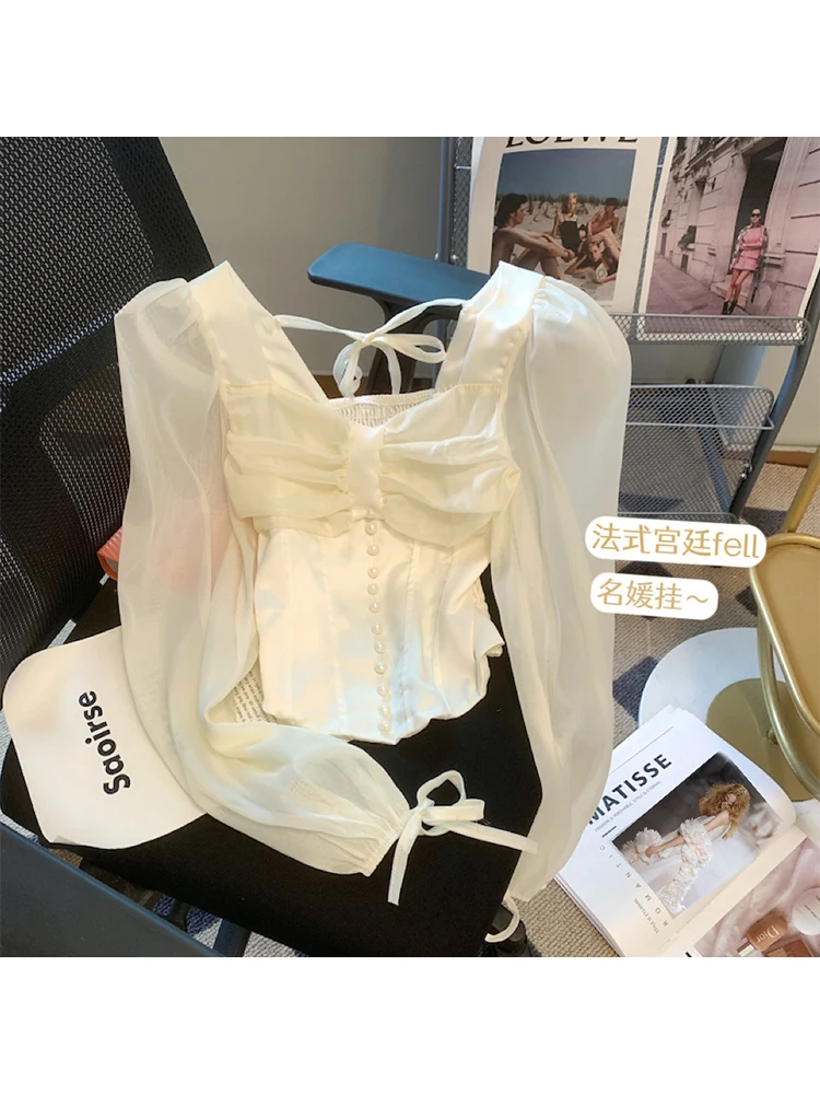 

Женские рубашки, блузки, уличная одежда, винтажная рубашка во французском стиле в стиле Харадзюку 90-х, Y2k, 2000s, Модная элегантная рубашка с длинным рукавом, топ, одежда 2023