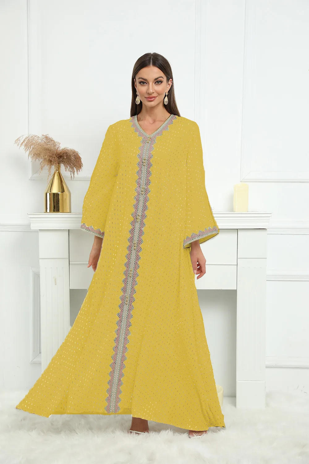 

Summer Autumn 2023 Elegant Muslim Women Long Sleeve V-neck Polyester White Black Red Long Dress Abaya Dress Muslim Fashion Dress