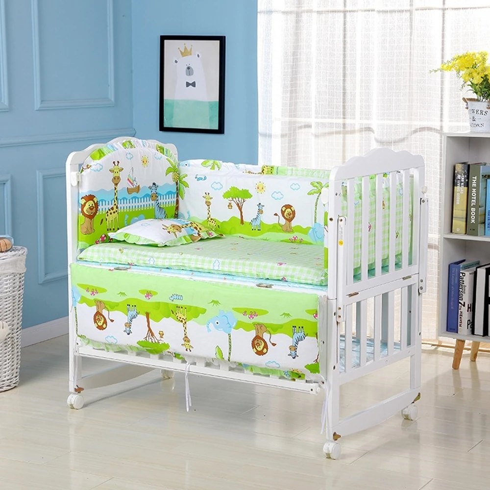 6PCS Cotton Nursery Bedding Crib Bedding Set For Boys and Girls Baby Girl Crib Bed Set (4bumpers+Matress+Pillow)