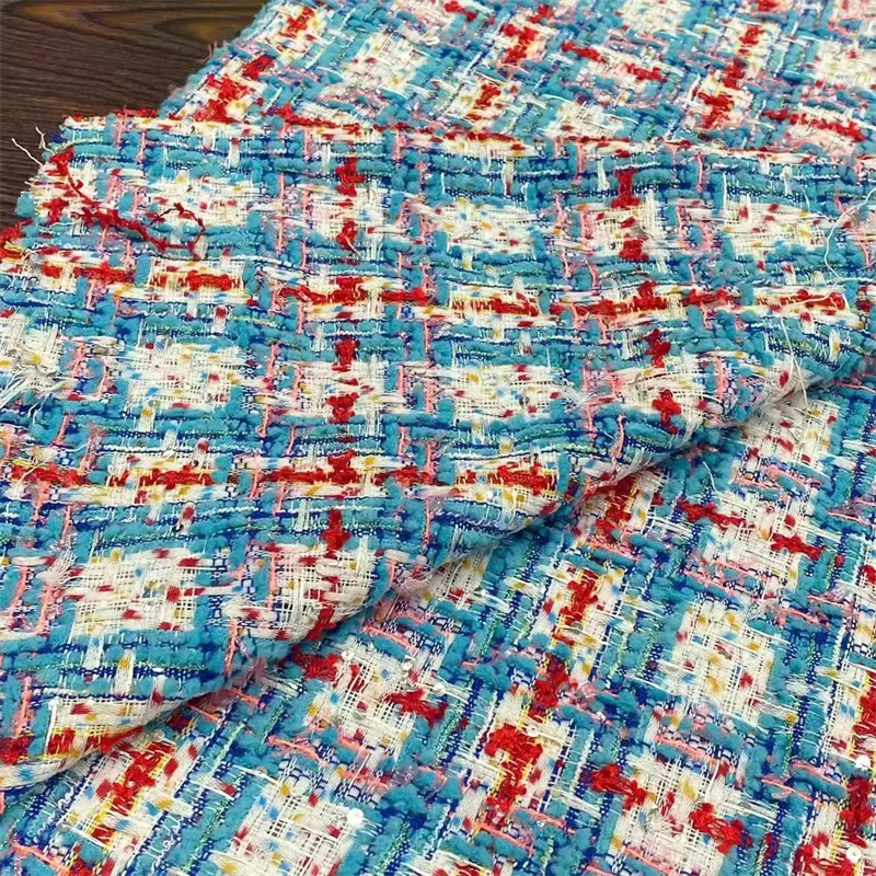 Fashionable Classic Blue Checkered Woven Autumn Thin Woolen Tweed Fabric Handmade DIY Sewing Accessories Material By The Meter