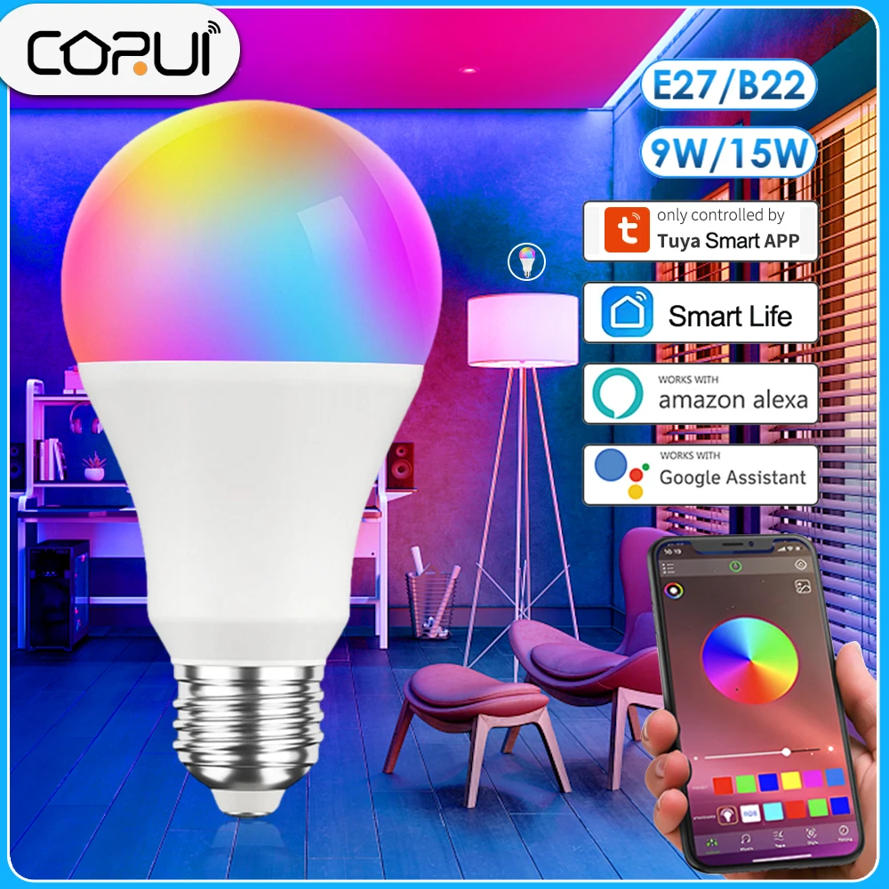 

CORUI B22 E27 Tuya WIFI RGBCW Smart Light Bulb 9W/15W Dimmable LED Lamp Alexa Google Home Alice Voice Control With Smart Life